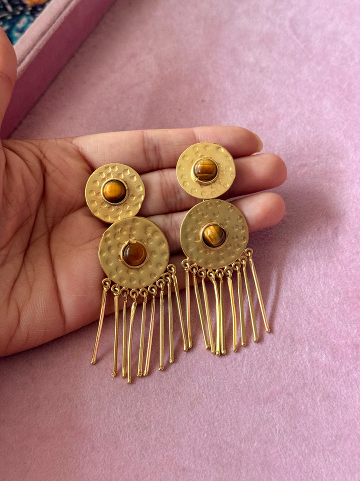 Handmade Brass Tiger Eye Statement Earrings | SHIVKA Jewelry