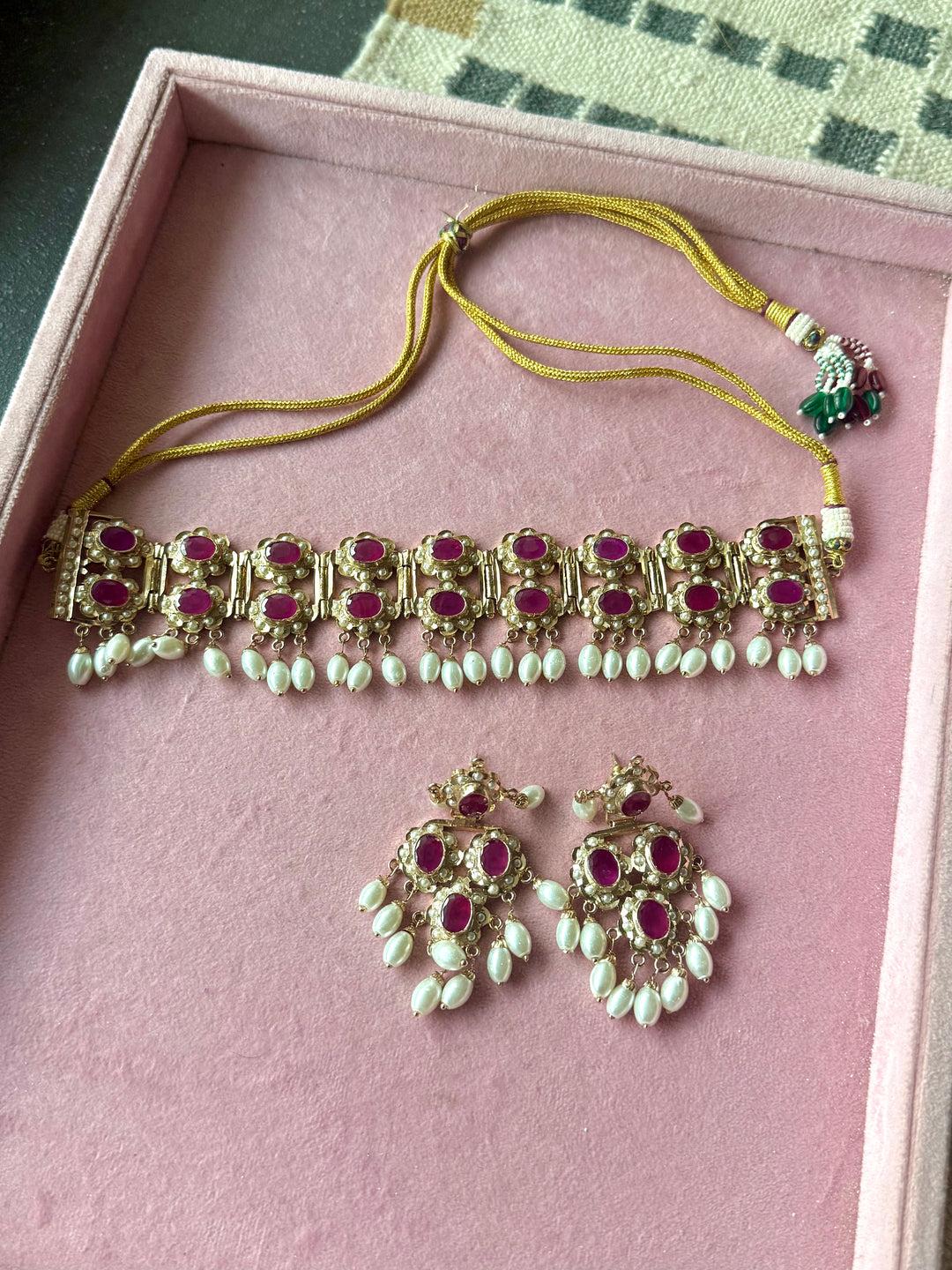 Handcrafted Ruby Red Twin Layer Choker Necklace Set