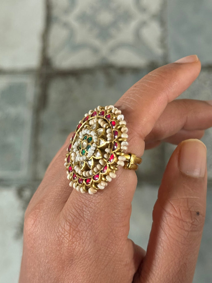925 Silver Jadtar Gold Handmade Ring | Adjustable | SHIVKA
