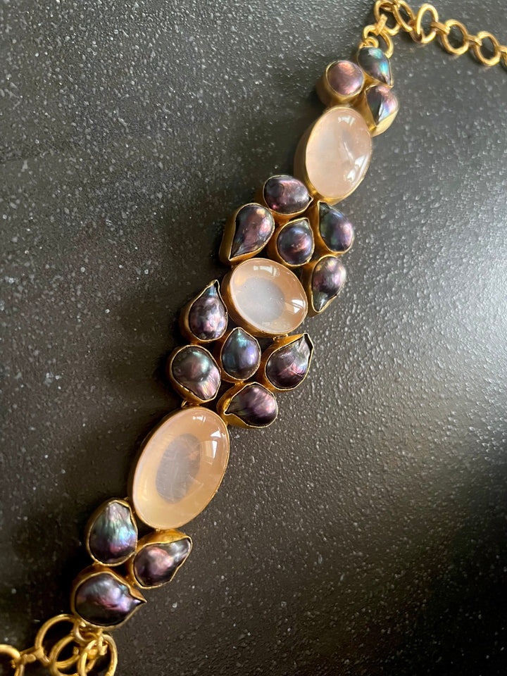 Pink Quartz and Black Baroque Pearl Choker Necklace