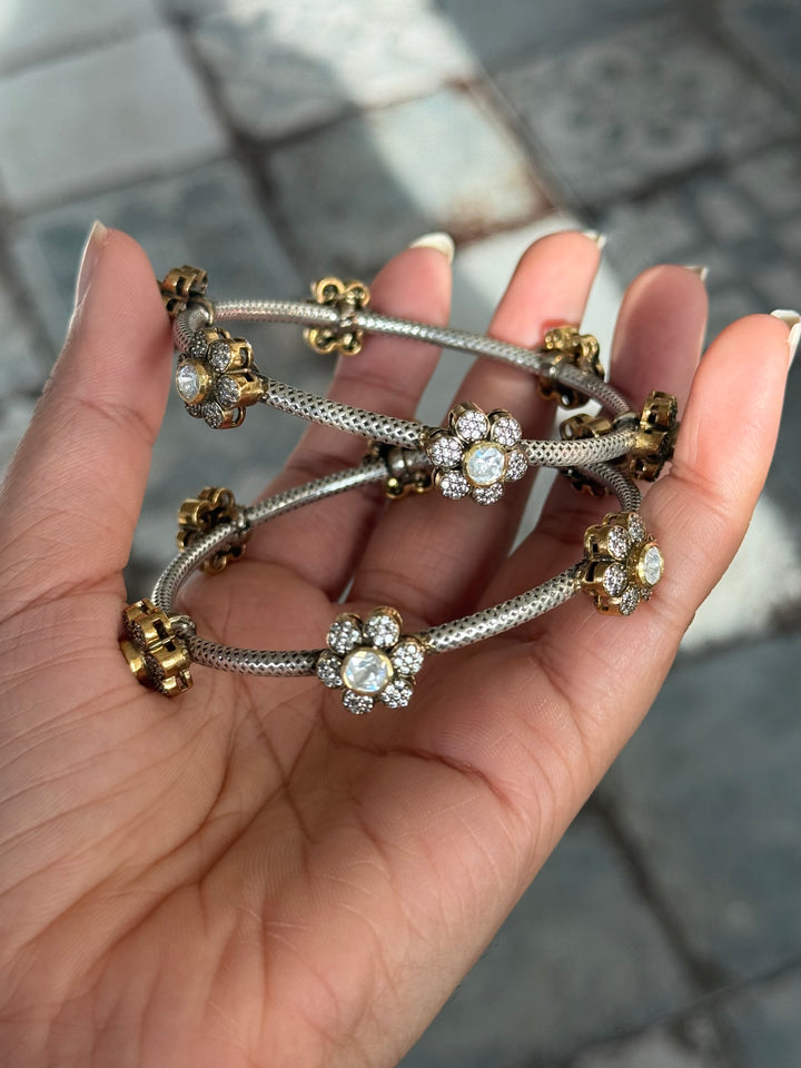 SHIVKA 925 Silver Fusion Bangles | Set of 2 | CZ Stones | Artisan Crafted | 47g
