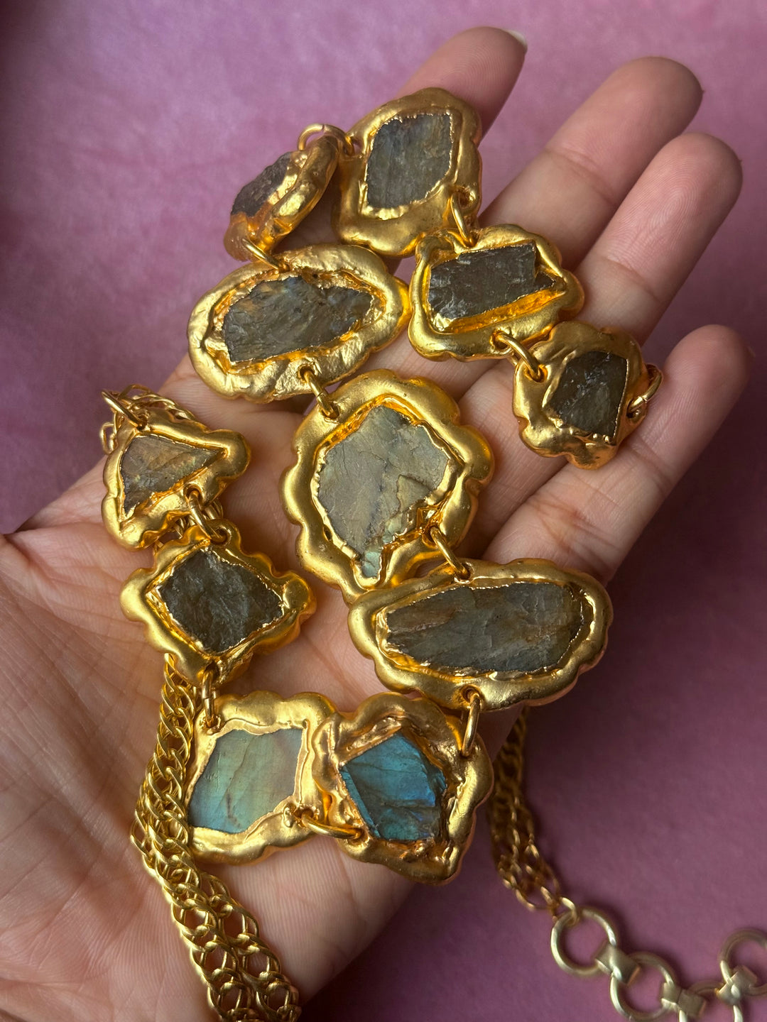 Handmade Raw Labradorite Gold Embedded Necklace | Adjustable Lobster Claw Brass Statement Jewelry