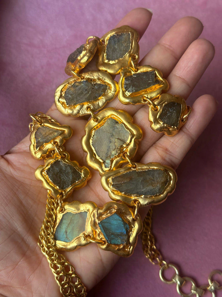 Handmade Raw Labradorite Gold Embedded Necklace | Adjustable Lobster Claw Brass Statement Jewelry