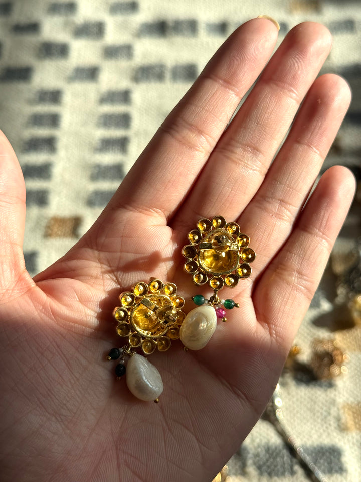 925 Silver Polki Kundan Earrings | SHIVKA | Gold Polish Festive Elegance