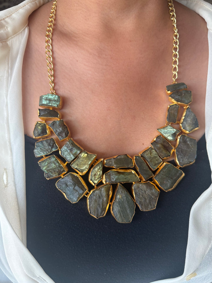 Handmade Raw Stone Labradorite Necklace | Gold Polish Brass Adjustable Statement Jewelry