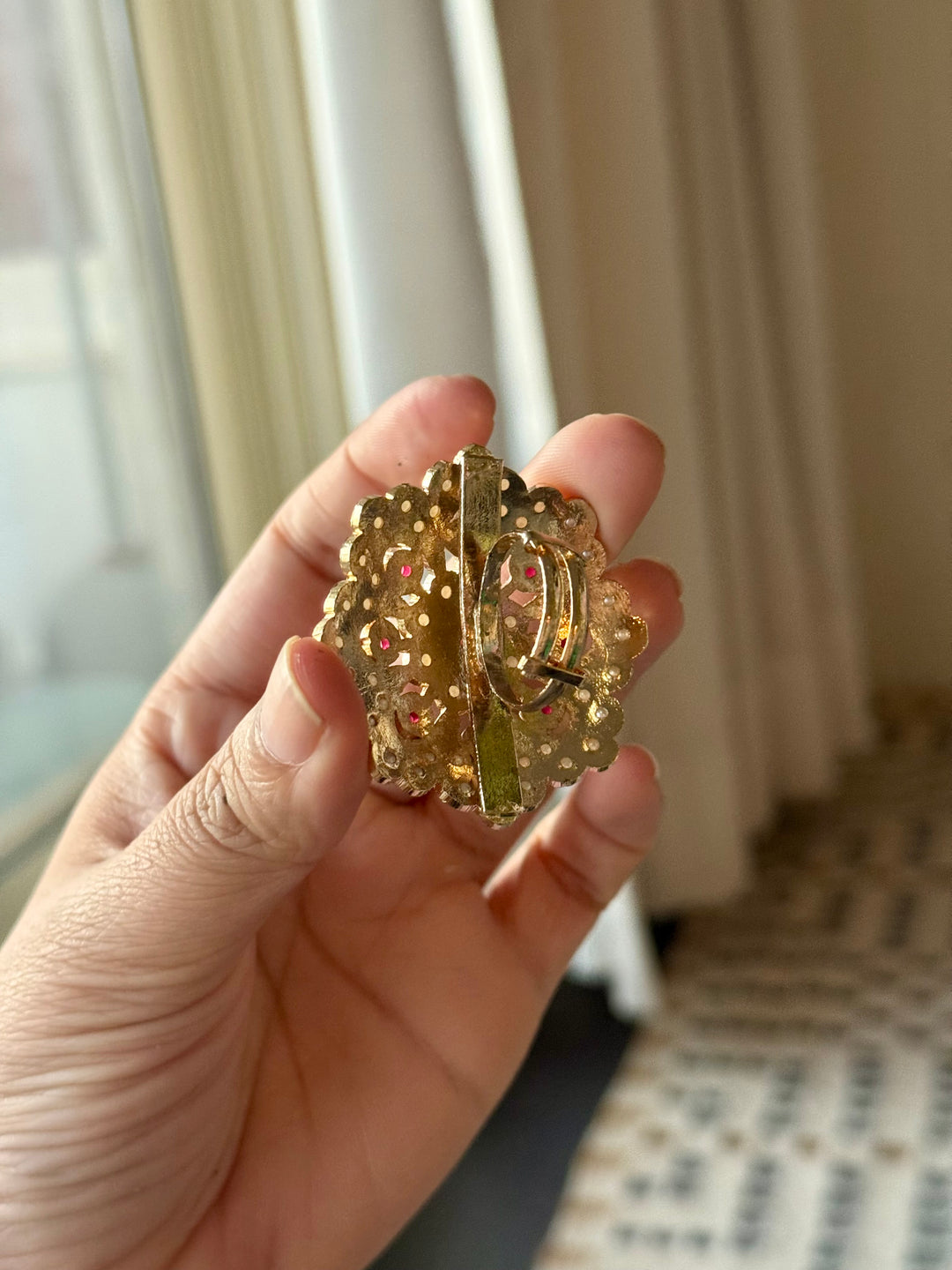 Statement Pearl and Ruby Jadau Ring | 18k Gold Plated | Copper & Semi-Precious Stones