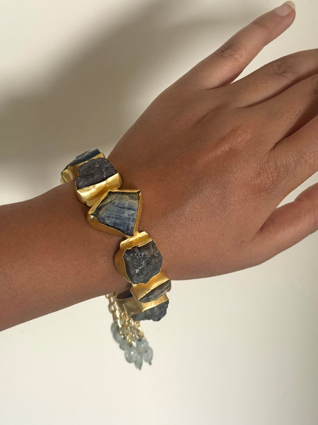 SHIVKA Designer Brass Tassel Cuff | Raw Druzy Chalcedony Stones | Gold Polish | 72g