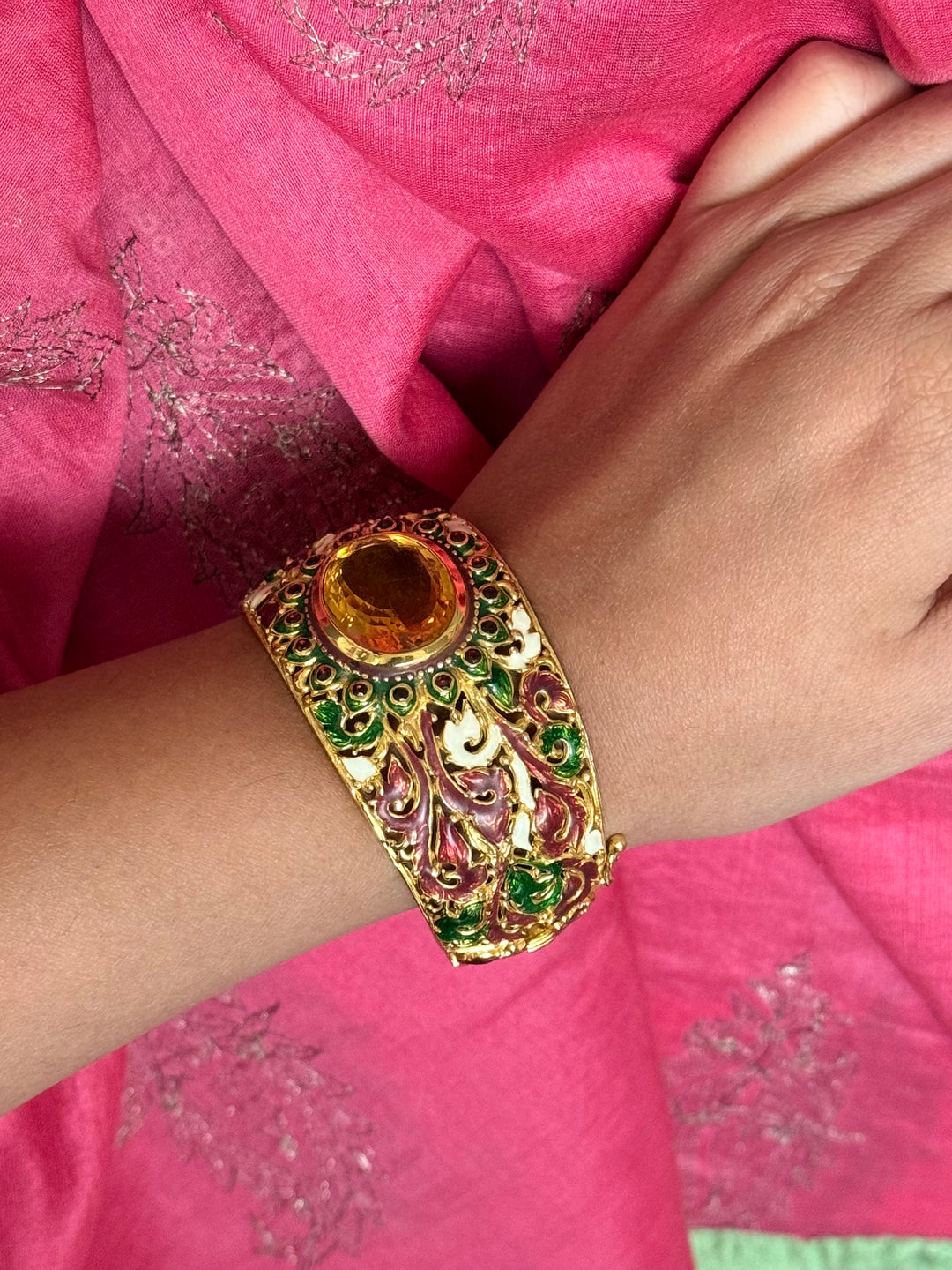 SHIVKA 925 Silver Meenakari Kada | Natural Topaz Stone | Gold Plated | Openable | 60g