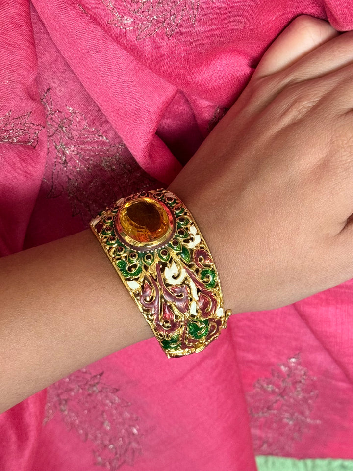 SHIVKA 925 Silver Meenakari Kada | Natural Topaz Stone | Gold Plated | Openable | 60g