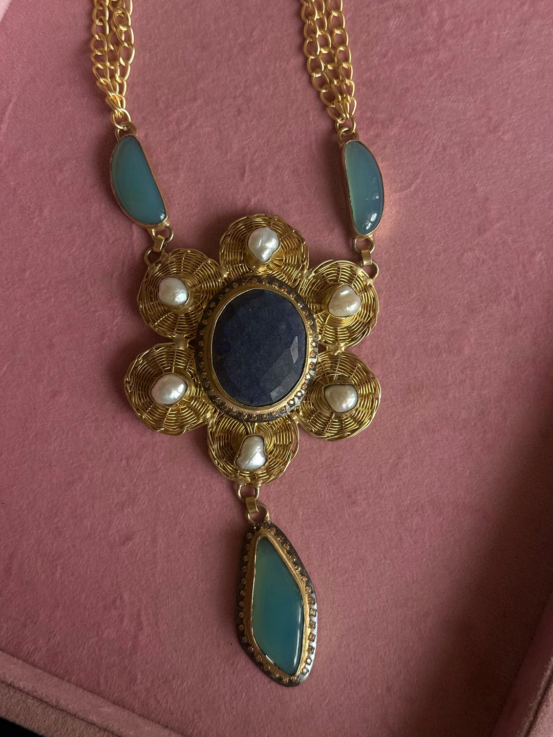Handmade Pearl & Chalcedony Statement Necklace | Brass Adjustable Lobster Claw Jewelry