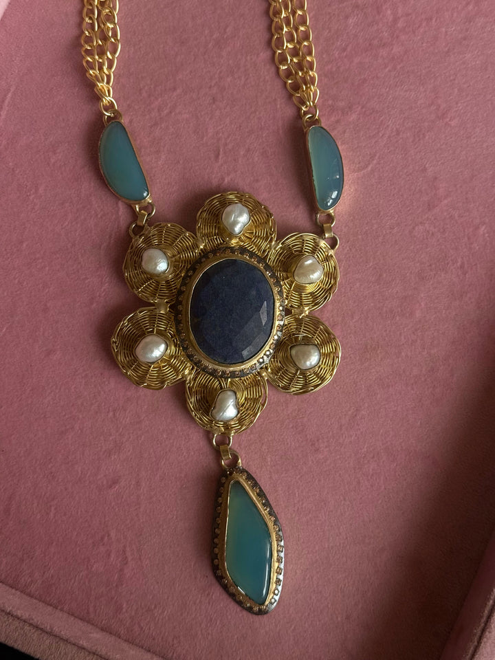 Handmade Pearl & Chalcedony Statement Necklace | Brass Adjustable Lobster Claw Jewelry