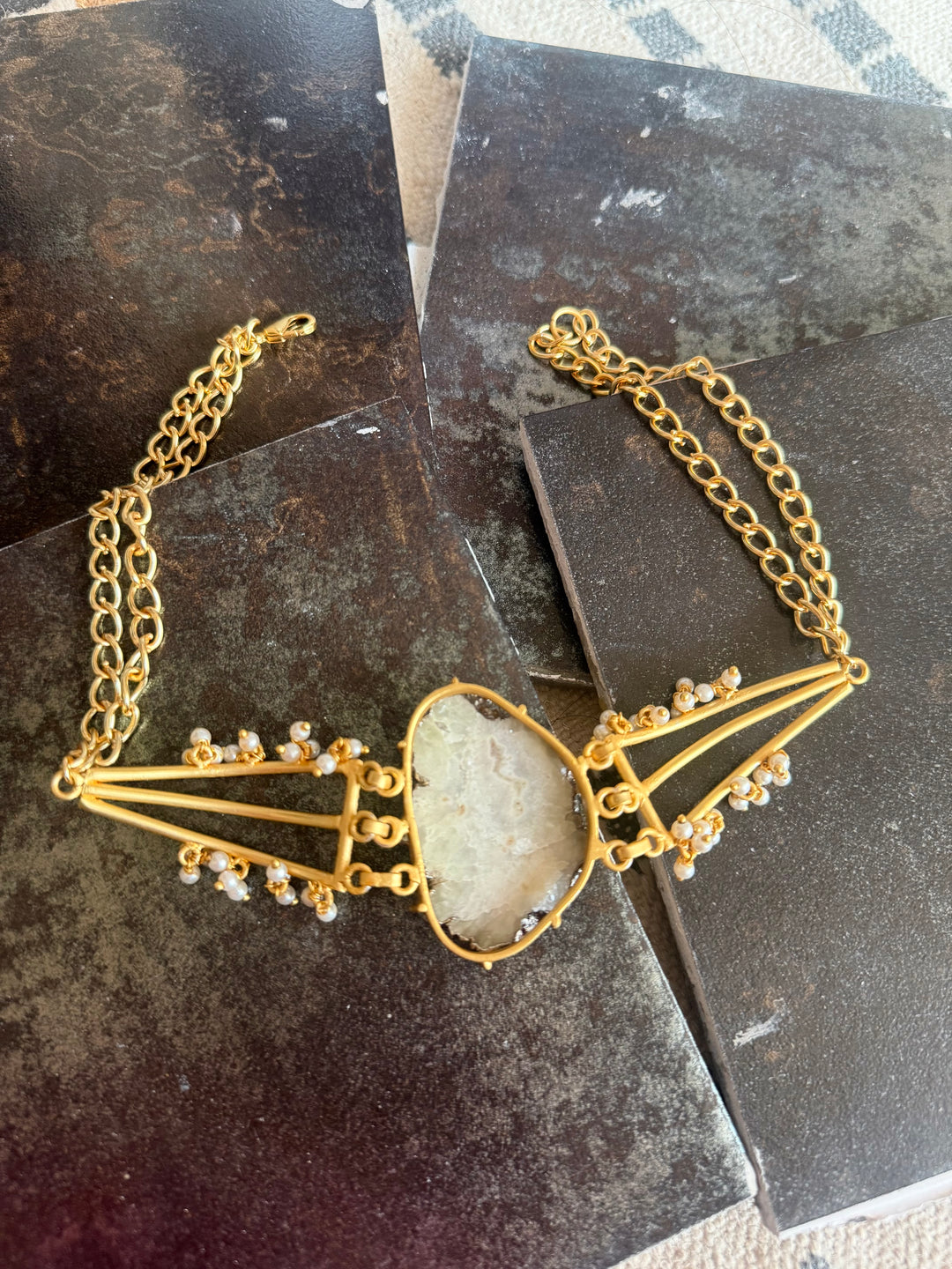 Handmade Bold Natural Quartz and Pearls Statement Choker | Brass Adjustable Lobster Claw Jewelry