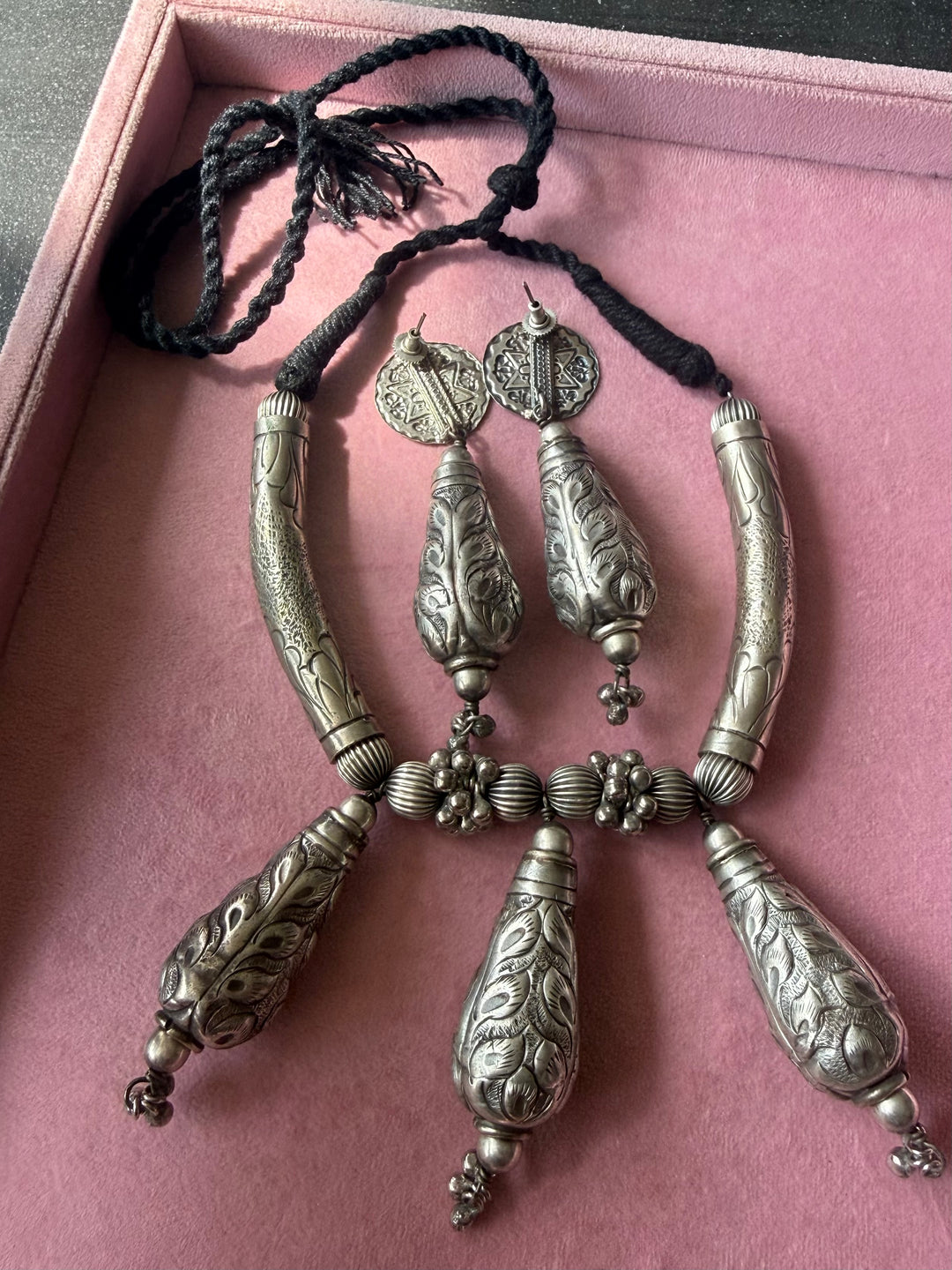 Handmade Tribal Antique Brass Necklace & Earrings Set | Adjustable Dori Statement Jewelry