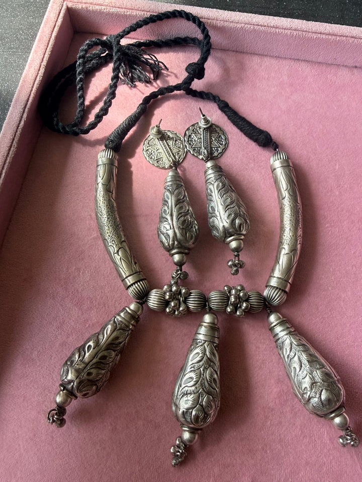 Handmade Tribal Antique Brass Necklace & Earrings Set | Adjustable Dori Statement Jewelry