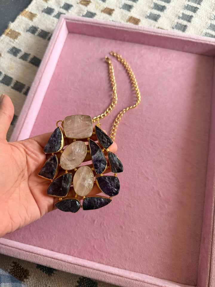 Handmade Amethyst and Rose Quartz Statement Necklace | Brass Adjustable Lobster Claw Jewelry