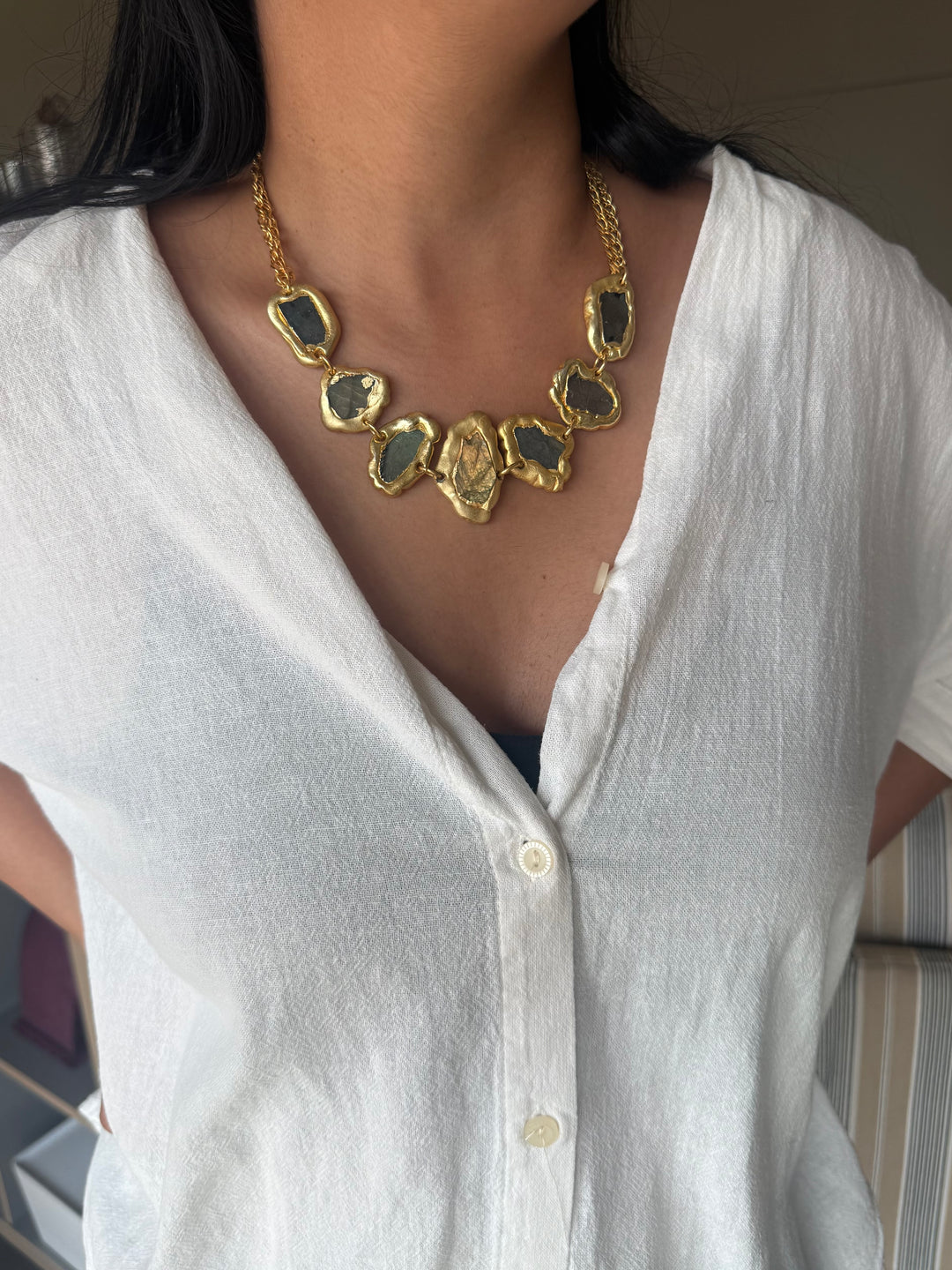 Handmade Raw Labradorite Gold Embedded Necklace | Adjustable Lobster Claw Brass Statement Jewelry