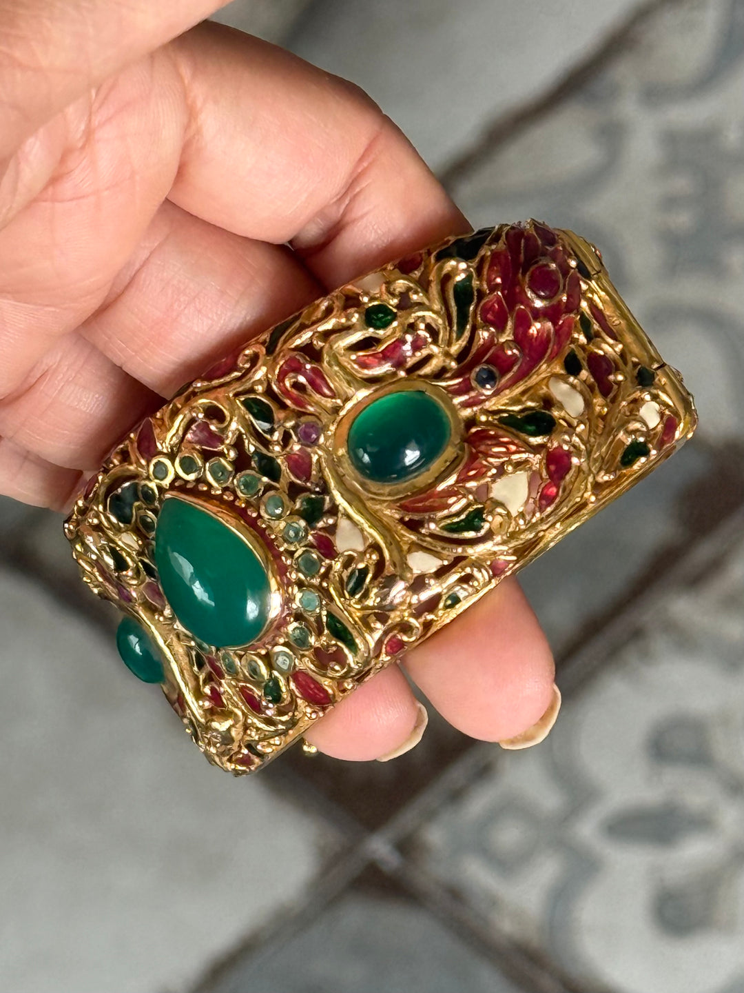 925 Silver Green Onyx Kada by SHIVKA, Gold Plated Bikaner Artisanal Enamel Bangle