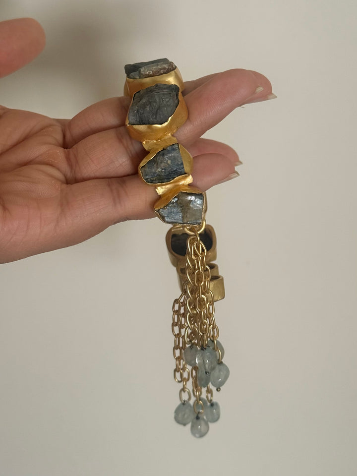 SHIVKA Designer Brass Tassel Cuff | Raw Druzy Chalcedony Stones | Gold Polish | 72g
