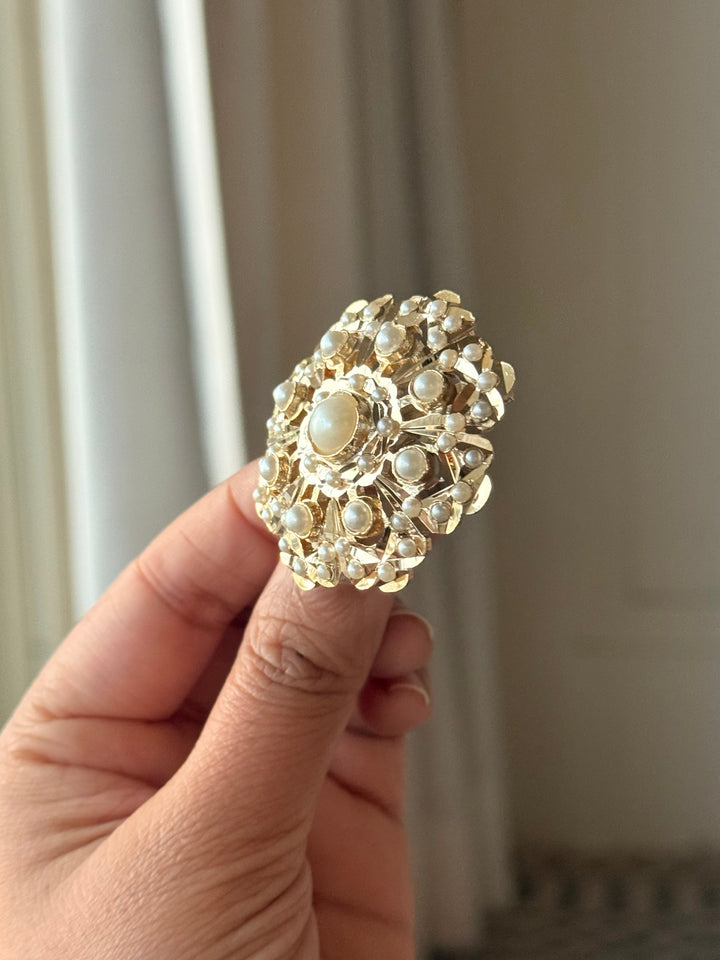 Statement Pearl Jadau Ring | 18k Gold Plated | Copper & Semi-Precious Stones