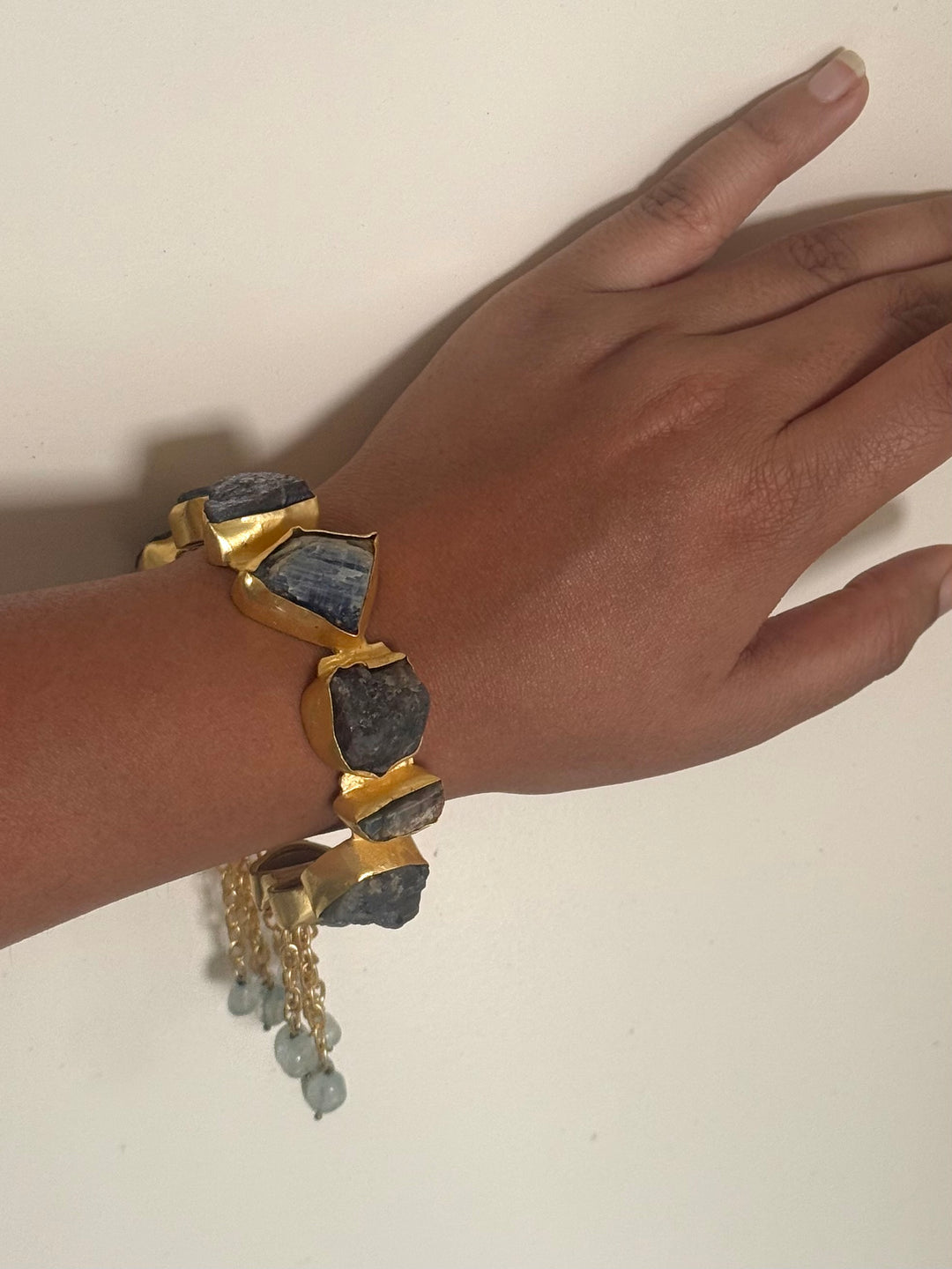 SHIVKA Designer Brass Tassel Cuff | Raw Druzy Chalcedony Stones | Gold Polish | 72g