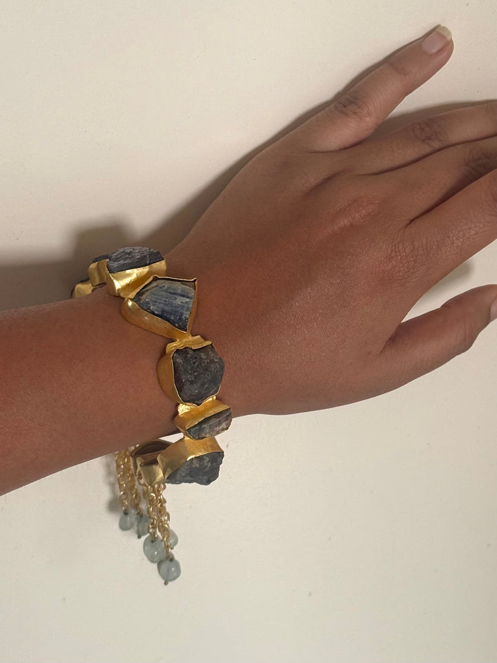 SHIVKA Designer Brass Tassel Cuff | Raw Druzy Chalcedony Stones | Gold Polish | 72g