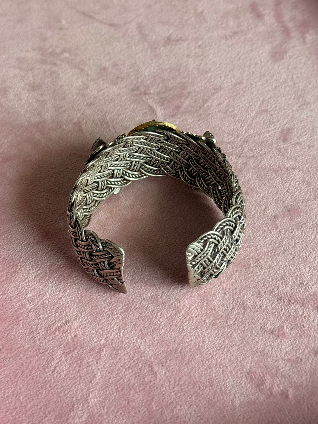 SHIVKA Fusion Moissanite 925 Silver Cuff Kada | Dual Tone Mesh Design | Openable | 70g