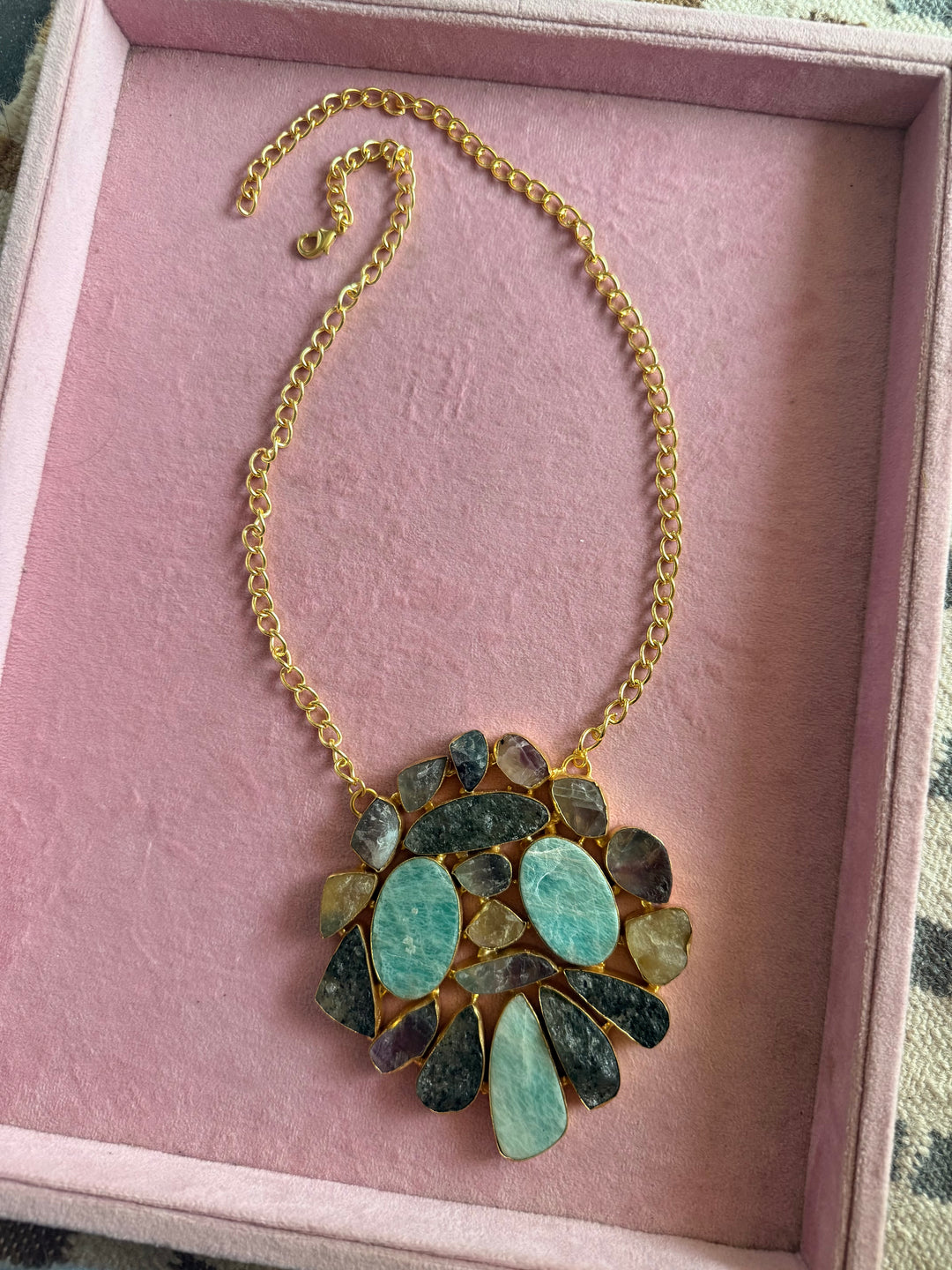 Handmade Natural Gemstones Statement Necklace | Brass Adjustable Lobster Claw Jewelry