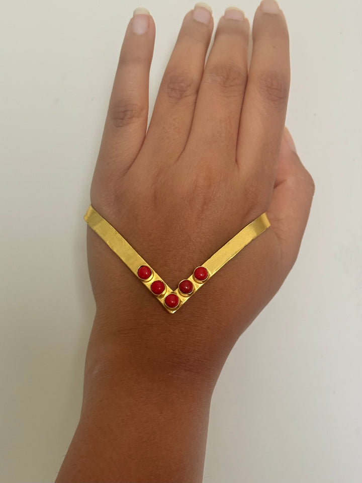 SHIVKA Coral Hand Harness | Brass Gold Polish | Natural Coral Stone | Handcrafted | 14g