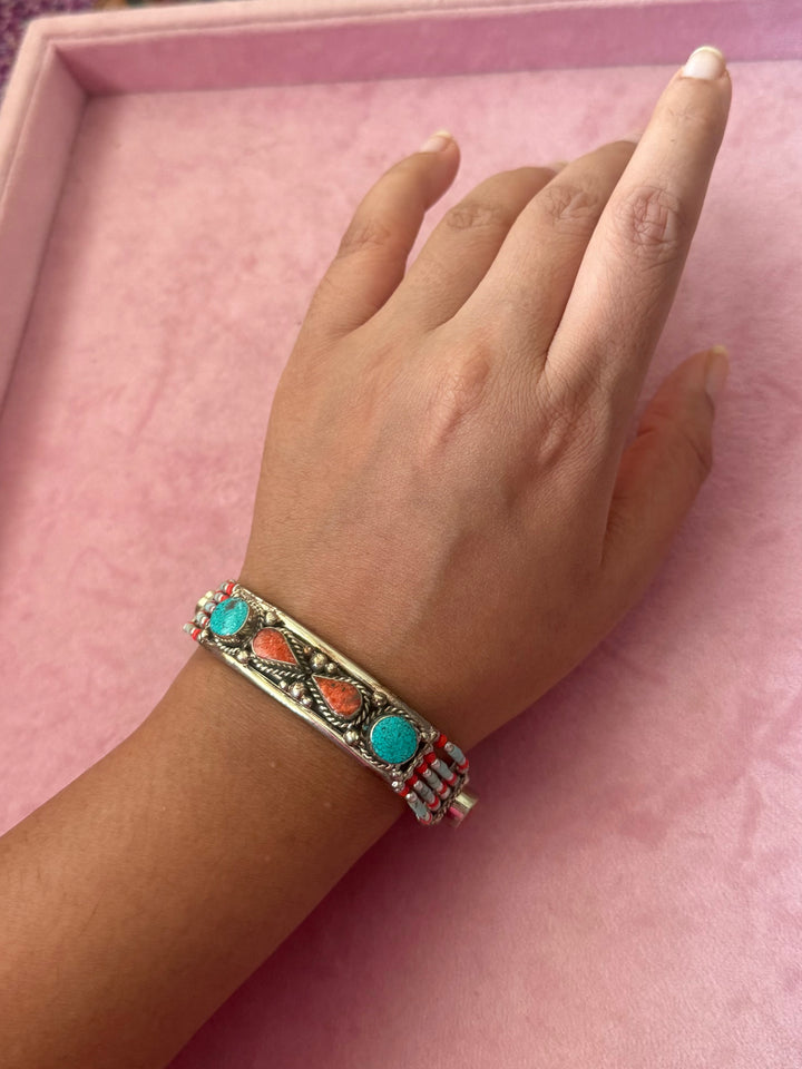 Handcrafted Turquoise and Coral German Silver Bracelet, Indian Jewelry