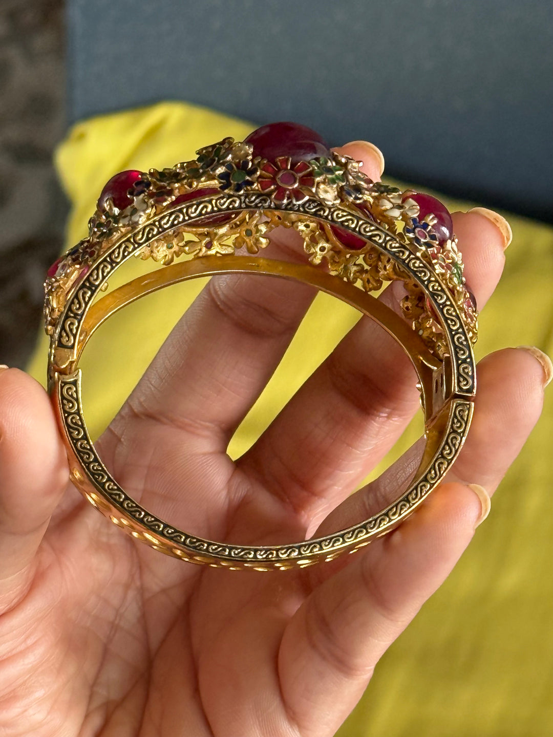 925 Silver Meenakari Ruby Kada by SHIVKA, Gold Plated Bikaner Artisanal Floral Openable Bangle