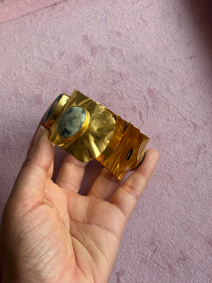 SHIVKA Designer Stone Brass Cuff | Adjustable Open Bracelet | Statement Festive Wear | 46g