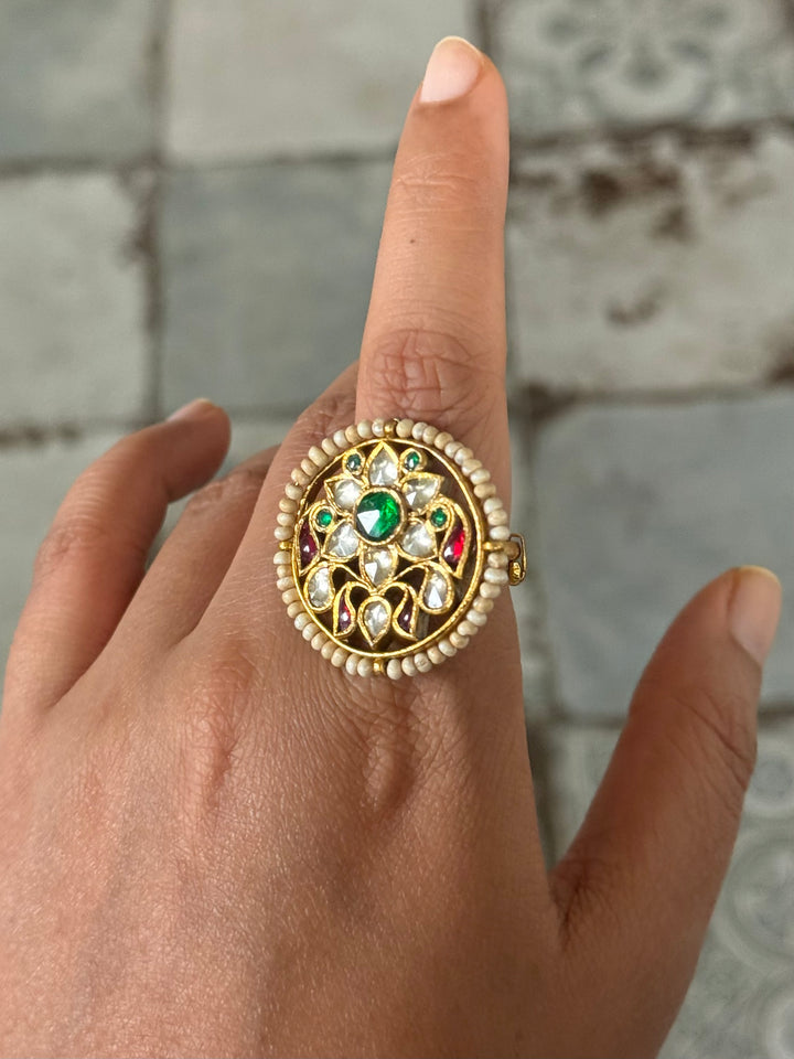 925 Silver Jadtar Gold Handmade Ring | Adjustable | SHIVKA