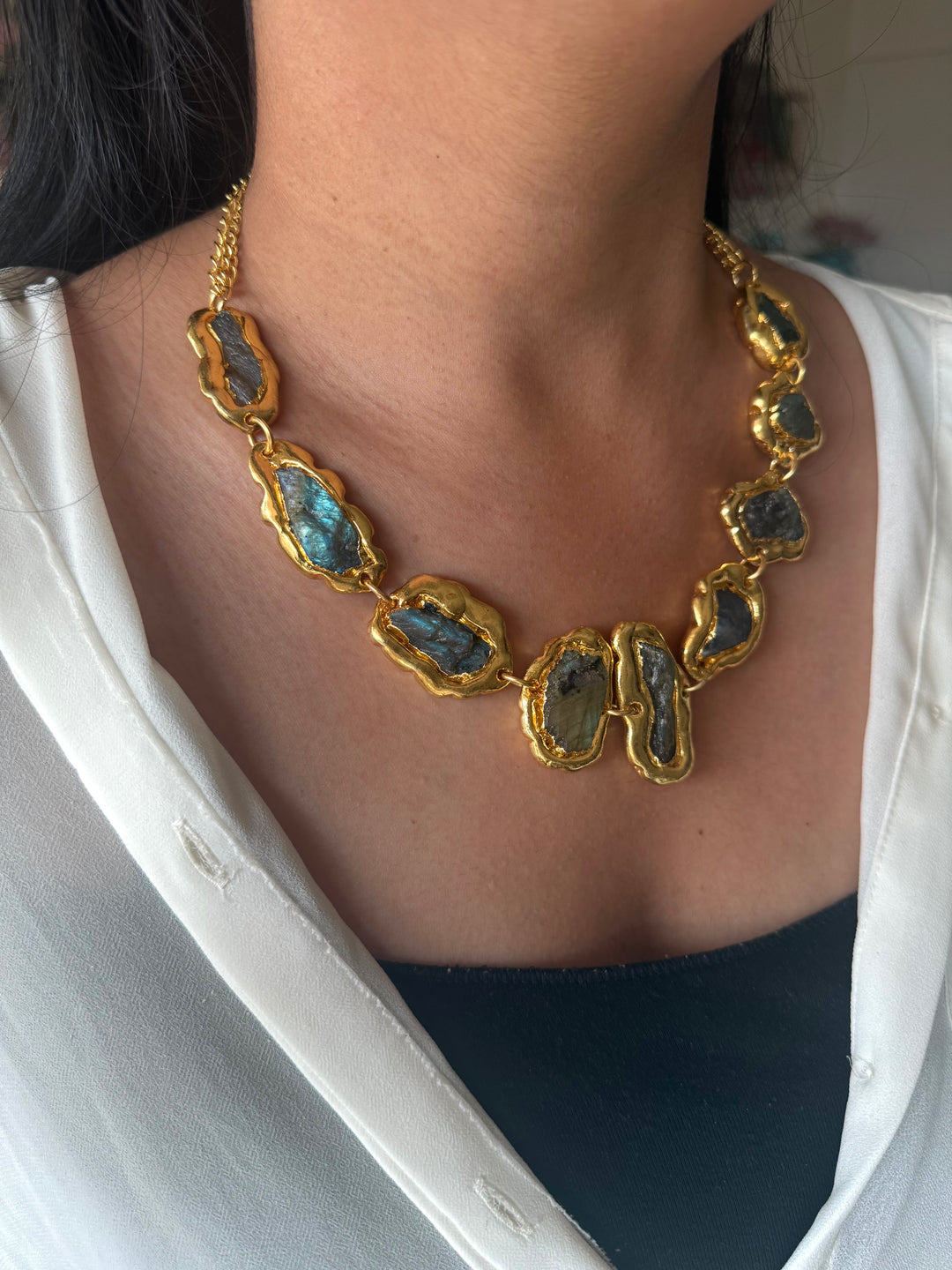 Handmade Raw Stone Gold Embedded Necklace | Adjustable Lobster Claw Brass Statement Jewelry