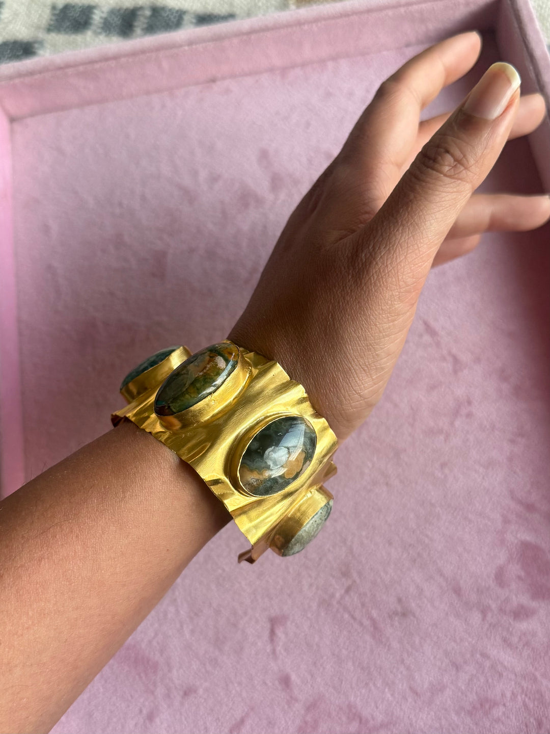 SHIVKA Designer Stone Brass Cuff | Adjustable Open Bracelet | Statement Festive Wear | 46g