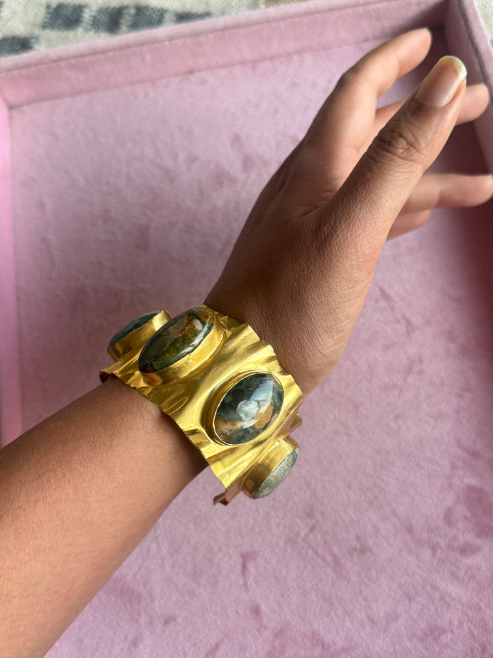 SHIVKA Designer Stone Brass Cuff | Adjustable Open Bracelet | Statement Festive Wear | 46g