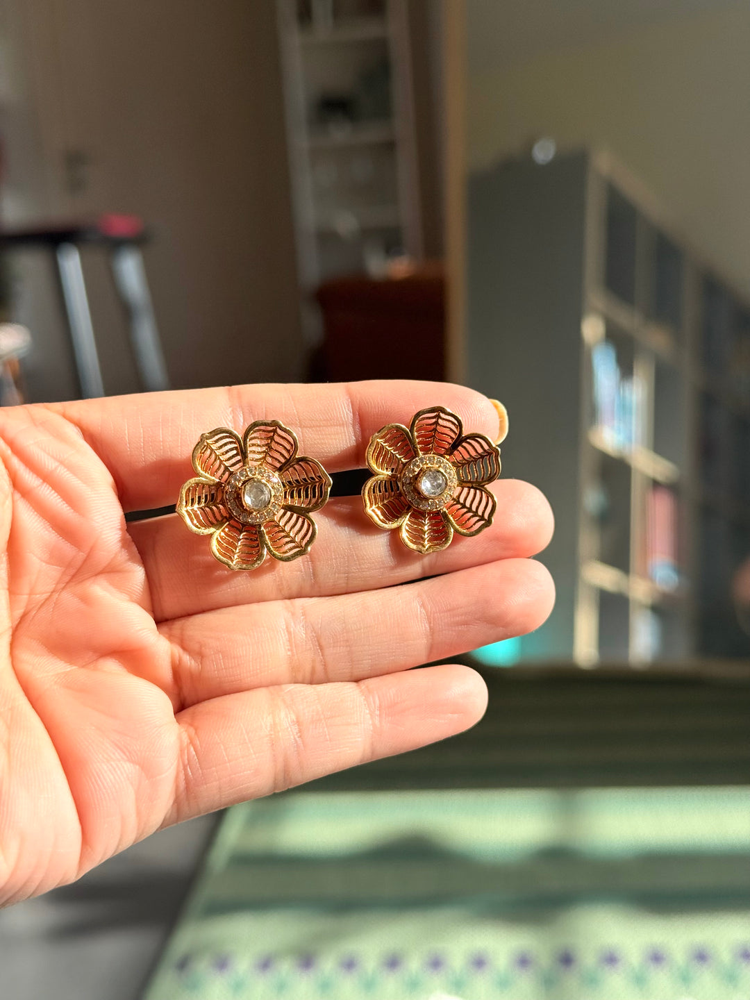 925 Silver Polki Studs | SHIVKA | Antique Gold CZ Festive Elegance