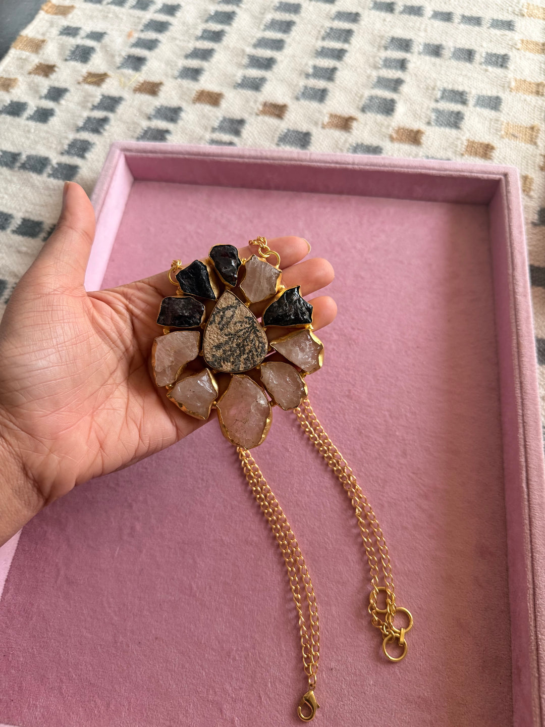 Handmade Rose Quartz Statement Necklace | Brass Adjustable Lobster Claw Jewelry