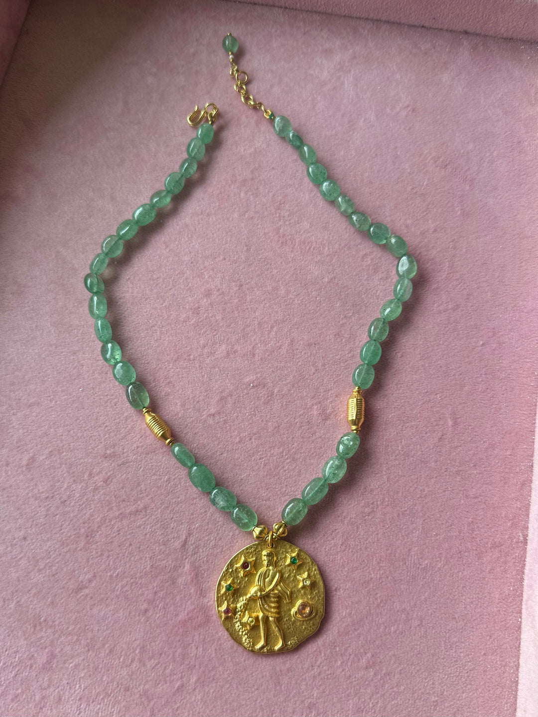 Handmade Aquarius Pendant Necklace with Natural Aventurine | Gold Polish Brass Zodiac Jewelry