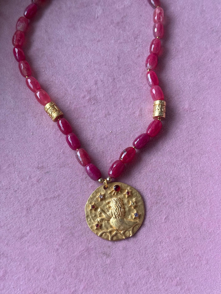 Handmade Leo Pendant Necklace with Natural Aventurine | Gold Polish Brass Short Statement Necklace