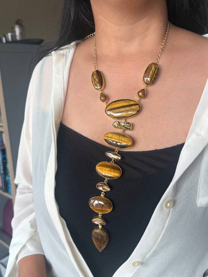 Handmade Raw Tiger Eye Stone Tie Necklace | Gold Polish Brass Adjustable Hook Closure Statement Jewelry