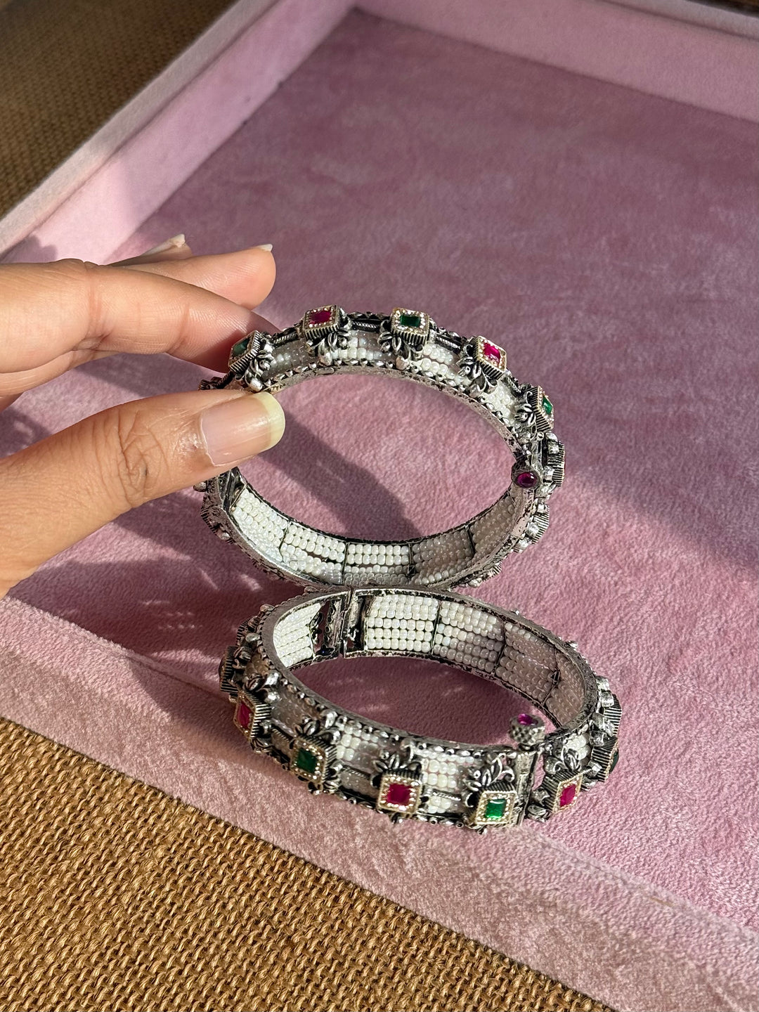 SHIVKA SAANJ 925 Silver Fusion Bangles | Set of 2 | CZ Stones | Artisan Crafted | 94g
