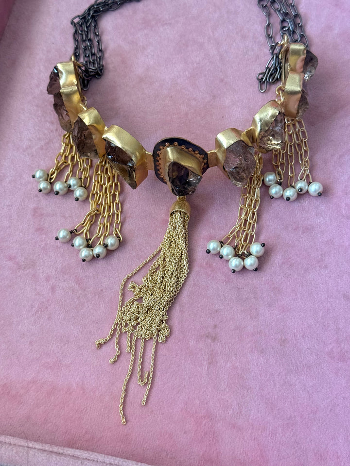 Handmade Raw Druzy Stone Statement Choker | Dual Tone Brass Adjustable Lobster Claw Necklace