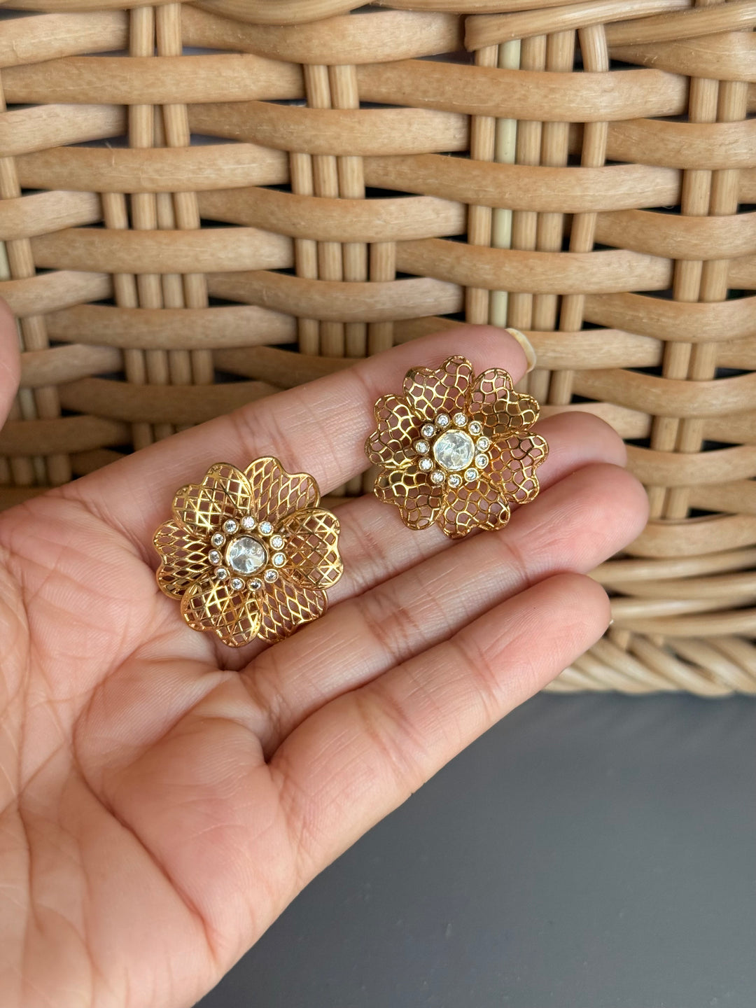 925 Silver Polki Studs | SHIVKA | Antique Gold CZ Festive Elegance