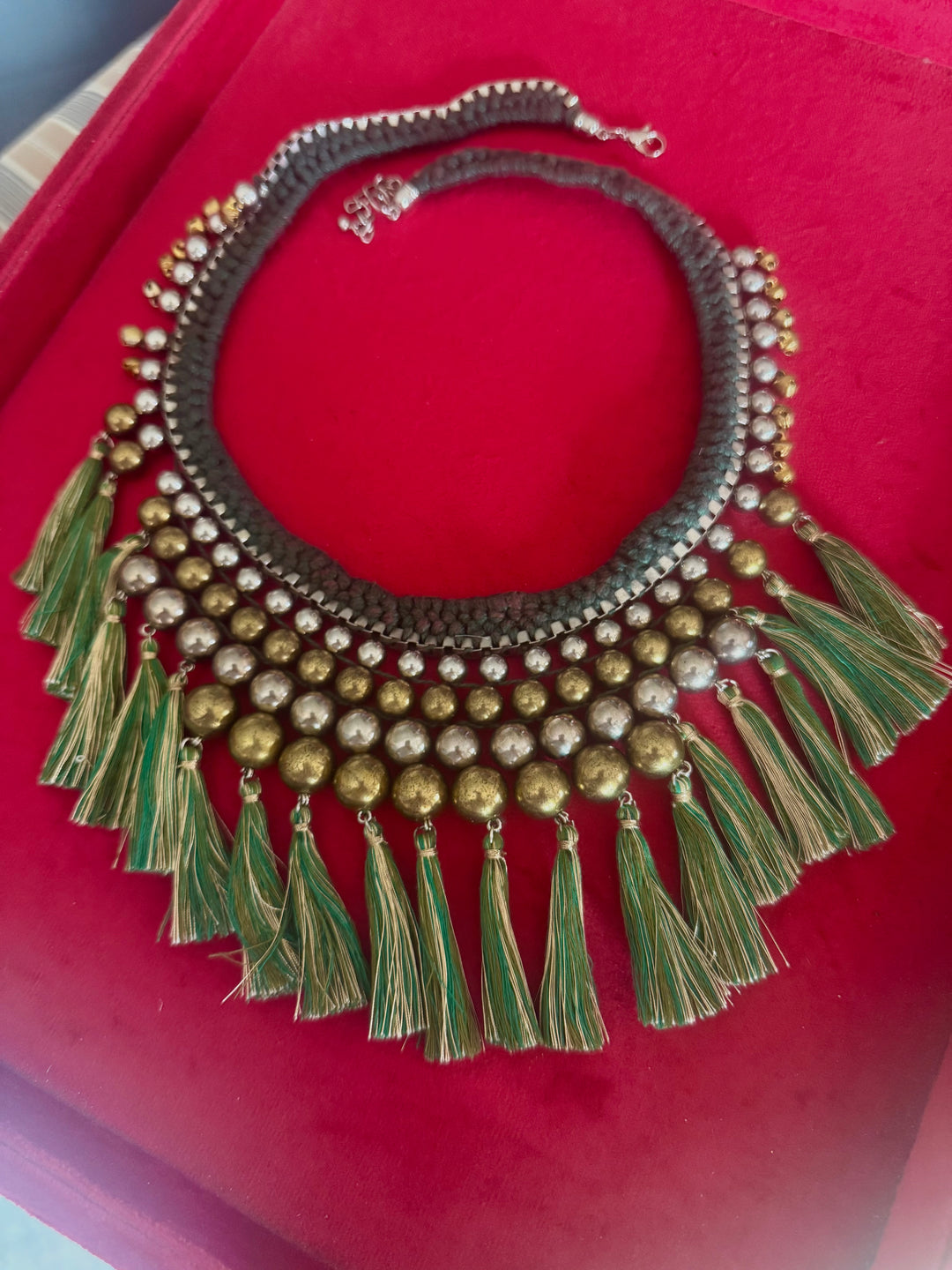 Handmade Green Thread Tassel Beaded Necklace | Adjustable Lobster Claw Statement Jewelry
