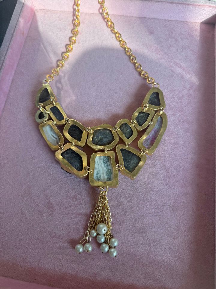 Handmade Raw Quartz & Pearl Necklace | Gold Polish Brass Adjustable Statement Jewelry