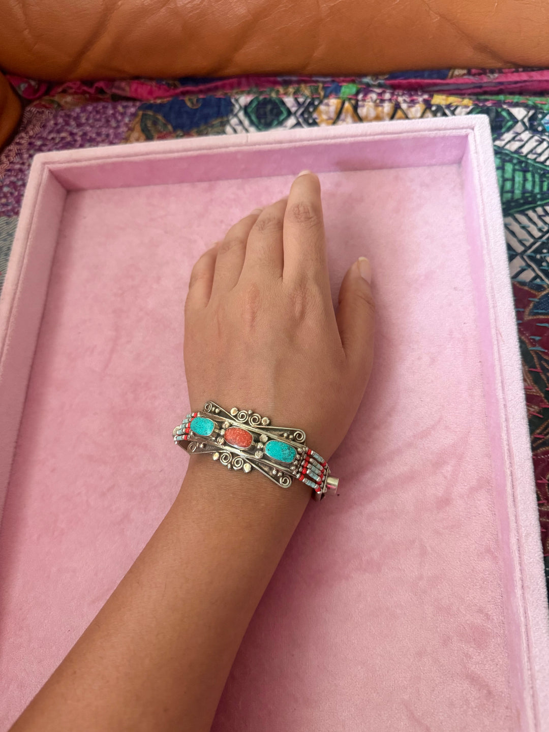 Handcrafted Turquoise and Coral German Silver Bracelet, Indian Jewelry