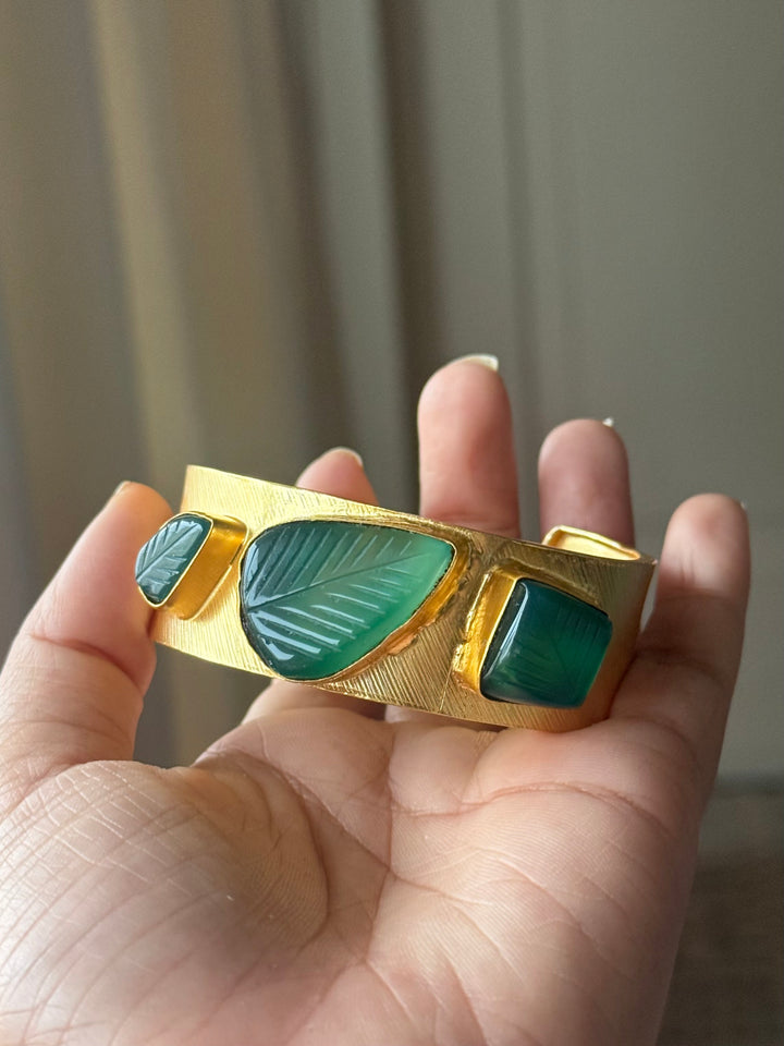 Exquisite Carved Green Onyx Stone Studded Brass Open Cuff - Unparalleled Quality and Style