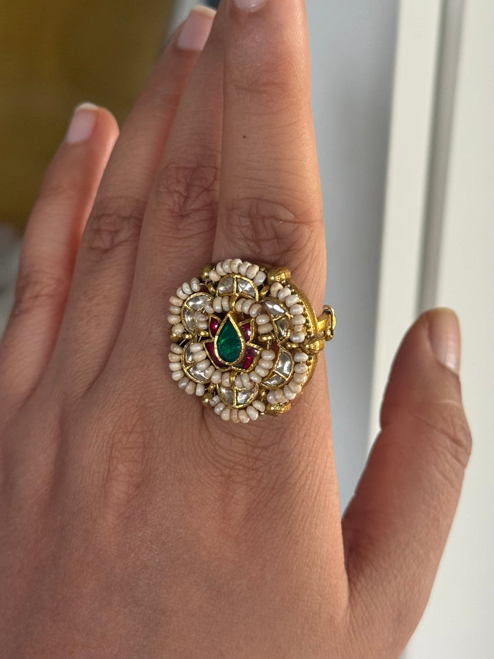 925 Silver Jadtar Gold Handmade Ring | Adjustable | SHIVKA