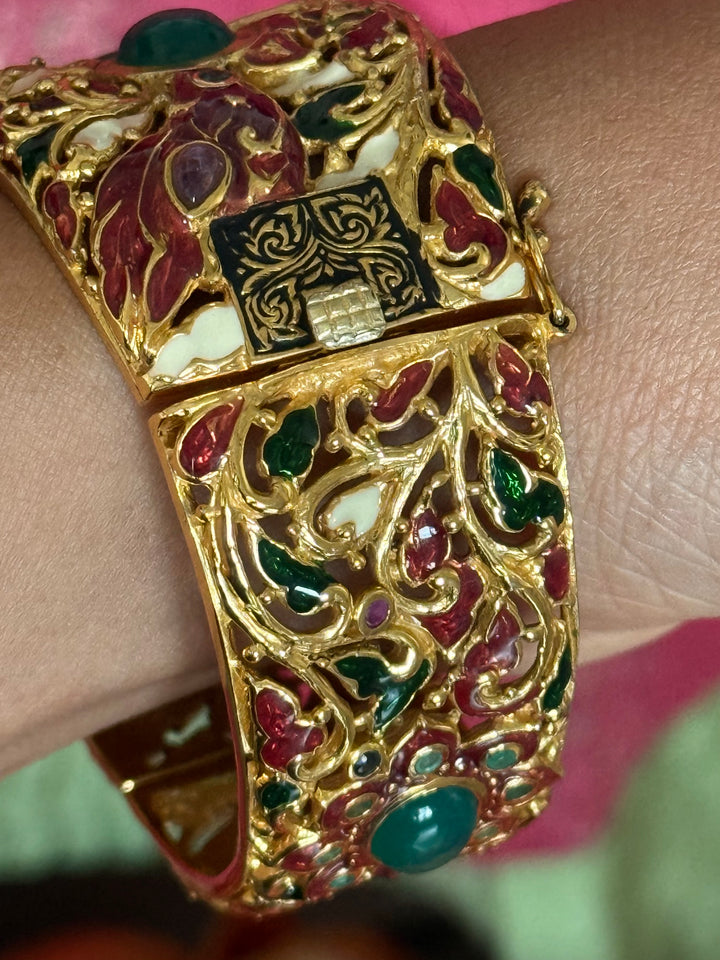 925 Silver Green Onyx Kada by SHIVKA, Gold Plated Bikaner Artisanal Enamel Bangle