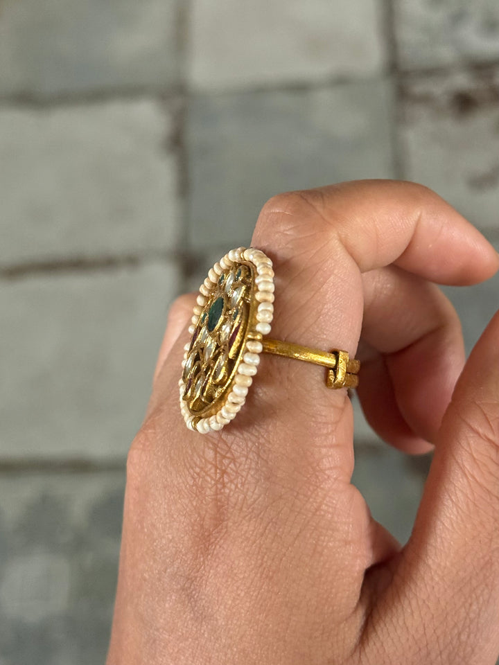 925 Silver Jadtar Gold Handmade Ring | Adjustable | SHIVKA